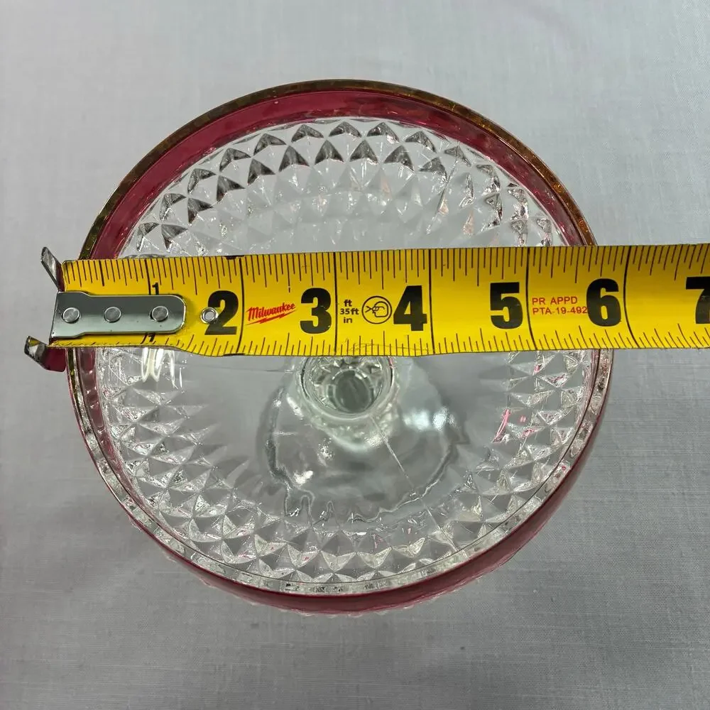 Vintage Ruby Flash Glass Pedestal Compote Candy Dish Bowl Diamond Point Clear